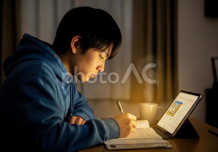 夜の机で集中して勉強する男子学生 男子学生,高校生,学生の写真素材