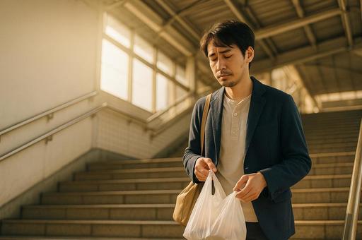 買い物袋を手に駅の階段を上る男性の写真