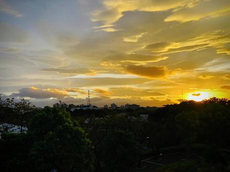東京郊外、秋の綺麗な夕焼け 東京郊外、秋の綺麗な夕焼け 夕焼け,夕方,オレンジの写真素材