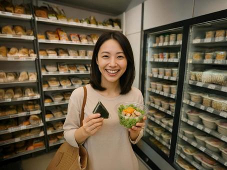 コンビニで買い物する女性 コンビニで買い物する女性の写真