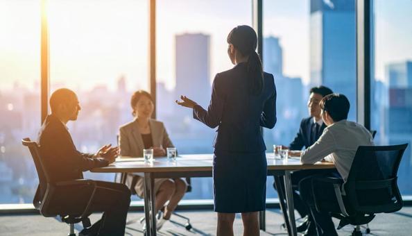 会議で発言をする女性社員の後ろ姿 会議で発言をする女性社員の後ろ姿の写真