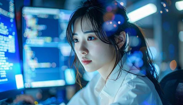 未来的なオフィスで作業するプログラマーの写真