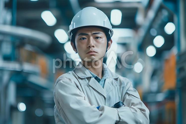 腕を組み真剣な表情を見せる若手工場作業員 工場作業員,若手,日本人男性の写真素材