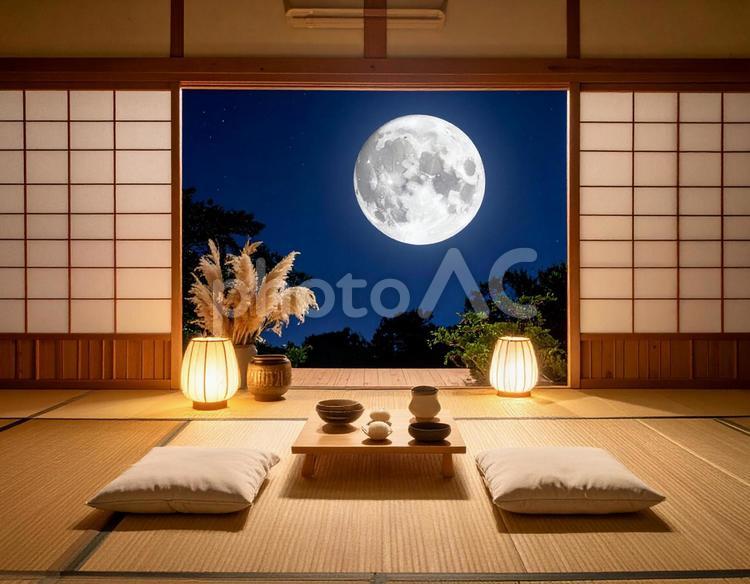 お月見団子と満月とすすき お月見,月,満月の写真素材