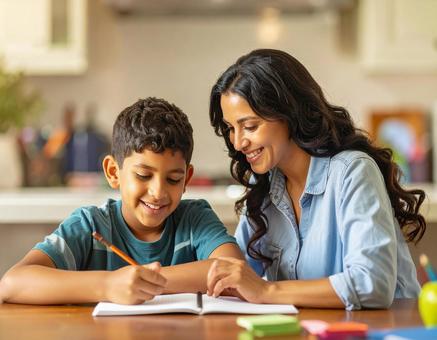 男の子に勉強を教えている女性 男の子に勉強を教えている女性の写真