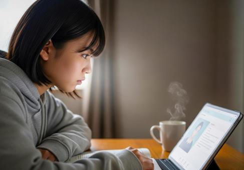 タブレットを使い勉強に集中する女子学生の写真