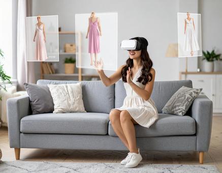 VRゴーグルを使ってドレスを選ぶ女性 VRゴーグルを使ってドレスを選ぶ女性の写真