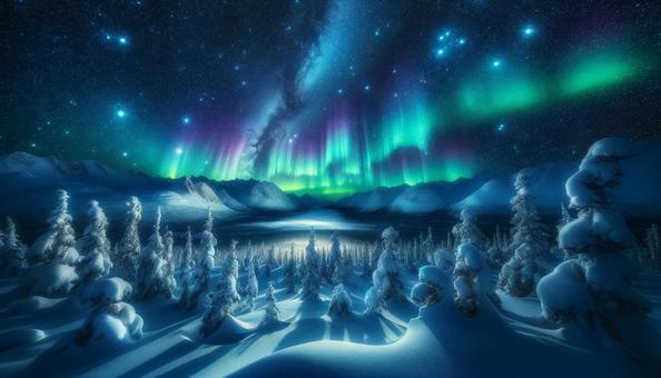 星空と雪景色が美しい冬のオーロラ 星空と雪景色が美しい冬のオーロラの写真