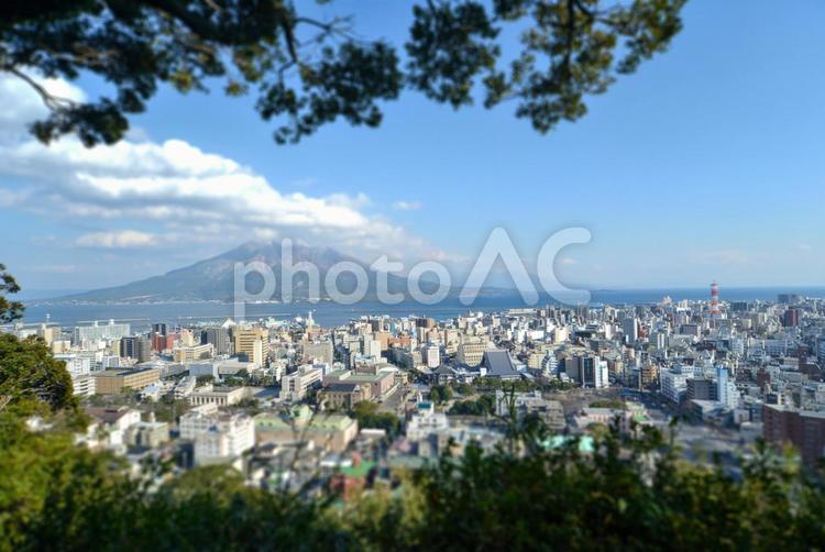 鹿児島県の街並みと桜島（城山より）ミニチュア風加工 鹿児島,桜島,山の写真素材