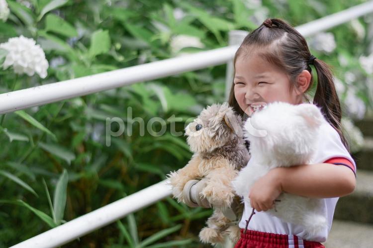 犬のぬいぐるみと女の子 子供,ぬいぐるみ,おもちゃの写真素材
