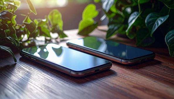 連絡交換のイメージ　机の上の携帯電話二台の写真