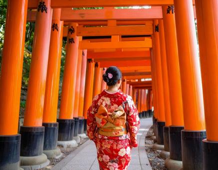 女性が神社を参拝する 女性が神社を参拝するの写真