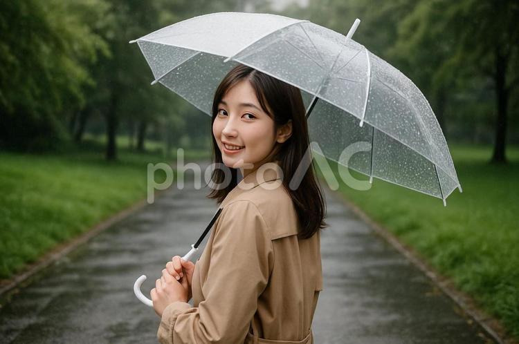傘を差しながら振り返る女性 女性,笑顔,傘の写真素材