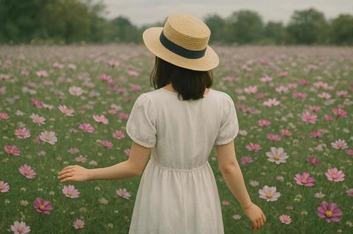 コスモス畑を歩く麦わら帽子の女性 花畑 コスモス畑を歩く麦わら帽子の女性 花畑の写真
