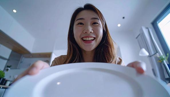 食後、空になったお皿を前に笑顔の女性 食後、空になったお皿を前に笑顔の女性の写真