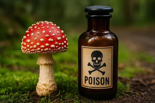 毒キノコと毒薬ボトル・危険・注意喚起 毒キノコと毒薬ボトル・危険・注意喚起の写真