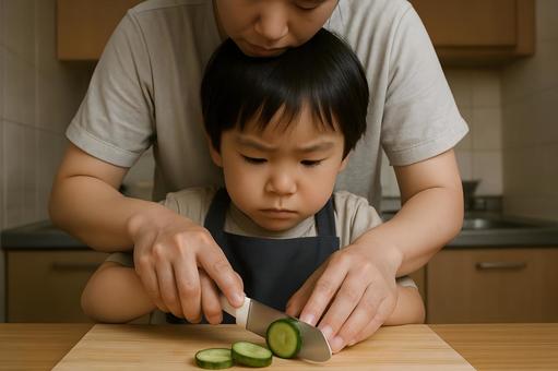 親子の包丁指導 親子の包丁指導の写真