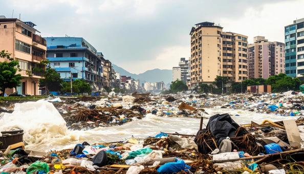 津波に襲われた後のガラクタだらけの住宅街の写真