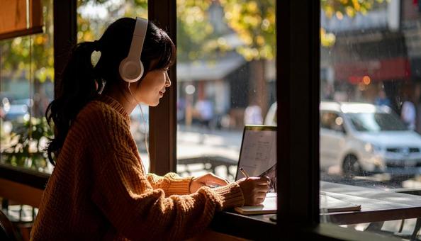 お気に入りの音楽を聴きながら勉強する女性 お気に入りの音楽を聴きながら勉強する女性の写真