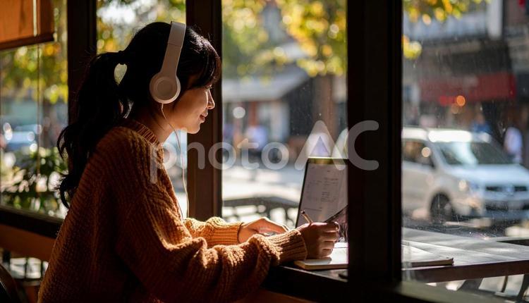 お気に入りの音楽を聴きながら勉強する女性 勉強,ノートパソコン,女性の写真素材