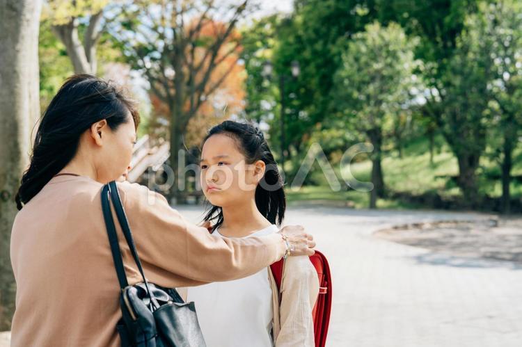 母親に何か言われている小学生の女の子 親子,怒る,しつけの写真素材