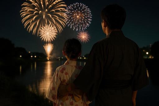 花火を見上げる浴衣姿の日本人親子 花火を見上げる浴衣姿の日本人親子の写真