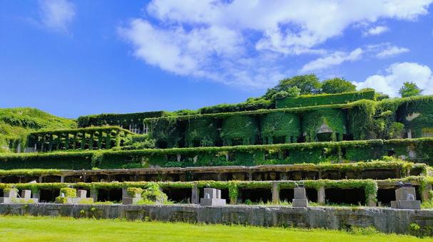 The remains of the Kitazawa Flotation Plant covered in ivy, JPG The remains of the Kitazawa Flotation Plant covered in ivy, JPG