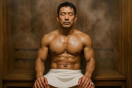 サウナで汗を流す男性 サウナで汗を流す男性の写真