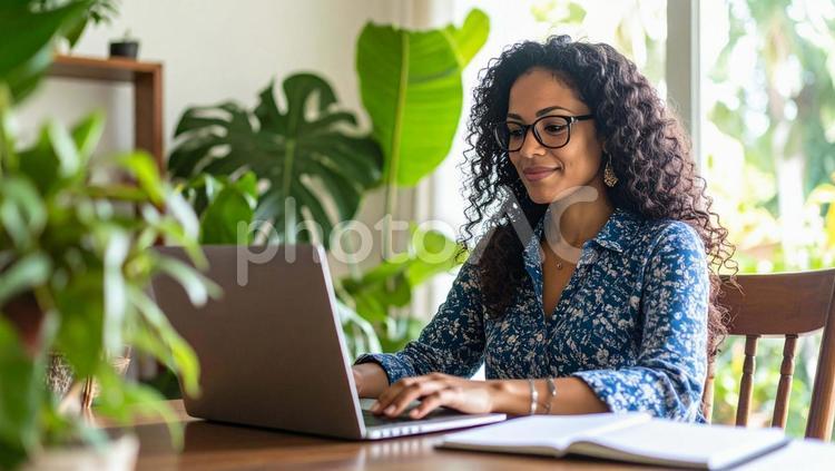 自宅デスクでリモートワークする女性2 リモートワーク,在宅勤務,デスクワークの写真素材
