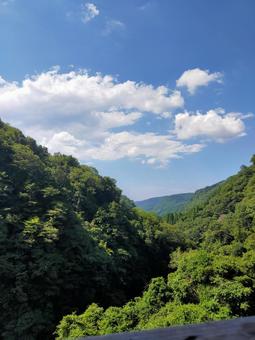新緑の山あい 山,木,空の写真素材