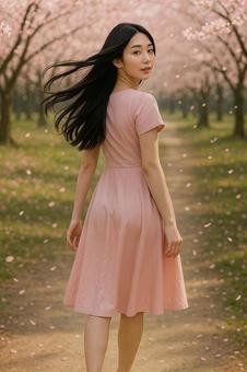 桜並木を振り返る女性(全身) 桜並木を振り返る女性(全身)の写真
