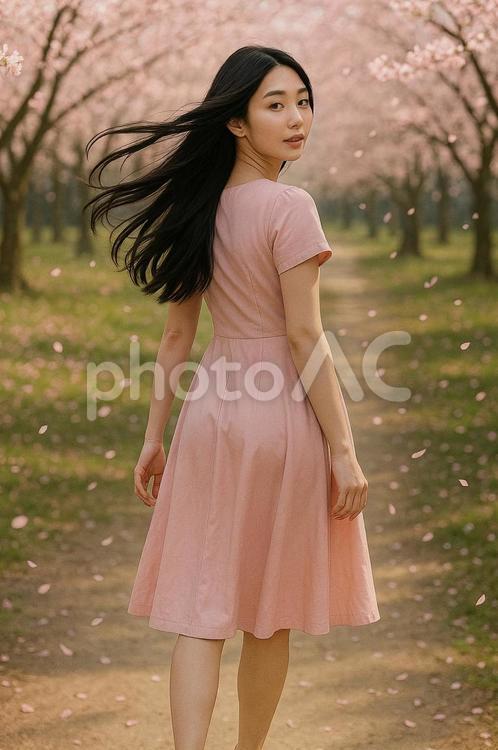 桜並木を振り返る女性（全身） 春,春ファッション,春コーデの写真素材