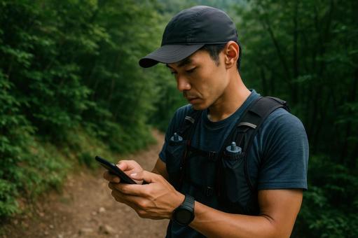 山の中でGPSを確認するトレイルランナー 山の中でGPSを確認するトレイルランナーの写真