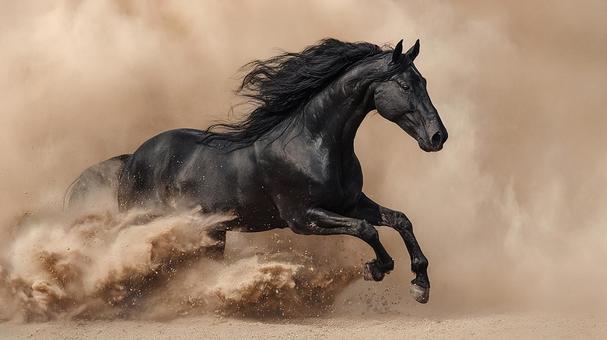 優雅なシルエット：砂漠を走る黒い駿馬の写真