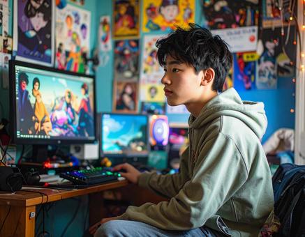 推し部屋で過ごす青年 推し部屋で過ごす青年 サブカルチャー,男子中学生,男子高校生の写真素材