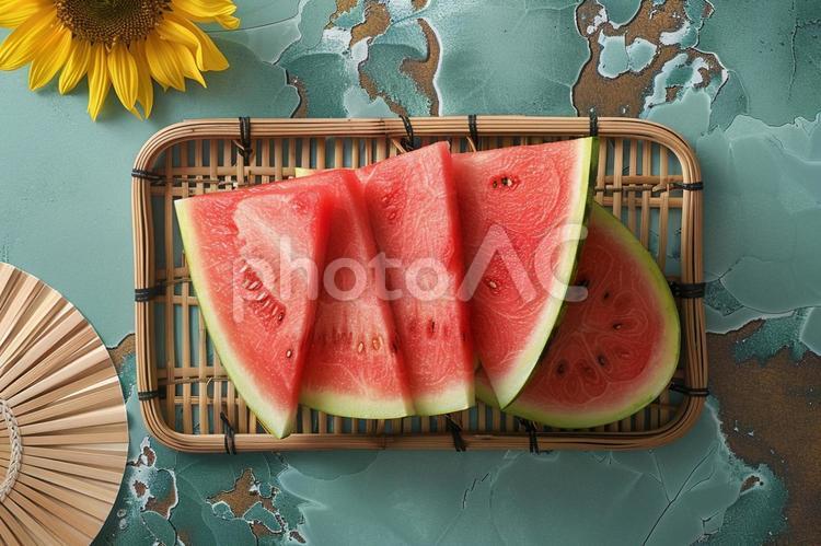 夏を感じるカットスイカとひまわりの写真 スイカ,夏,ひまわりの写真素材