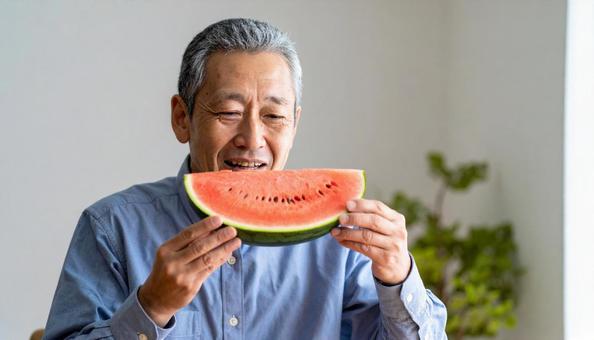 スイカをかじる男性 スイカをかじる男性の写真