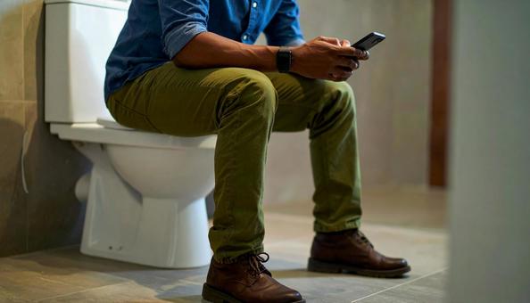 男子トイレで暇つぶしをする男性 男子トイレで暇つぶしをする男性の写真