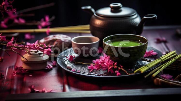 茶器と花 茶器,生花,活花の写真素材