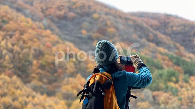 紅葉を撮影する山ガール 旅,秋,ハイキングの写真素材