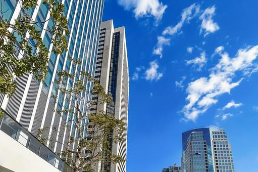 青空を背景に高くそびえる横浜の高層ビル 青空を背景に高くそびえる横浜の高層ビル 高層ビル,都市風景,空の写真素材