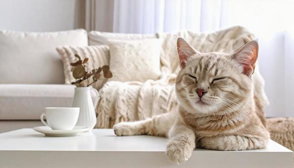 眠そうな子猫　愛くるしい　部屋　ソファーの写真