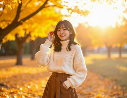 女性と紅葉 女性と紅葉の写真