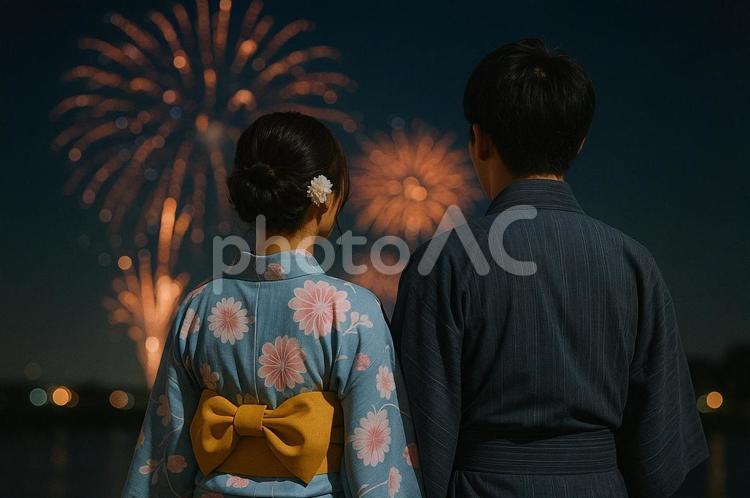 浴衣カップルが見上げる夏の夜空 花火大会,浴衣,カップルの写真素材