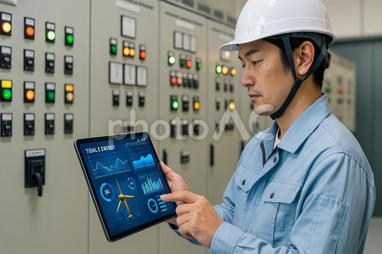 潮汐発電監視制御室 潮汐発電,再生可能エネルギー,発電監視の写真素材