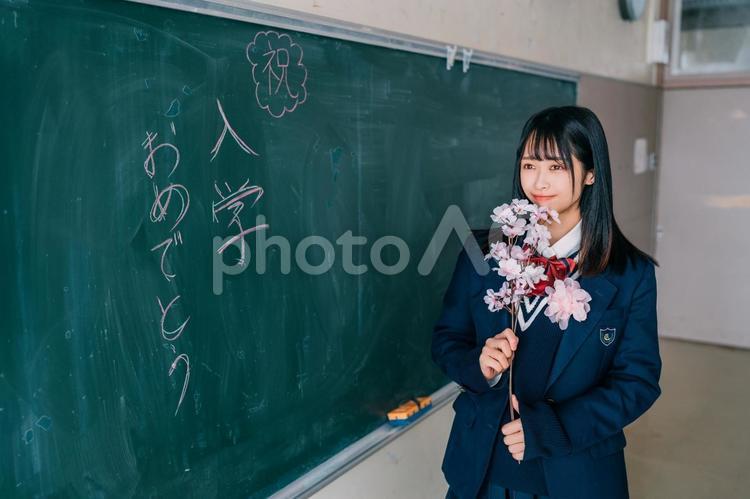 桜の花をもって微笑む新入生 女性,女子高,高校生の写真素材