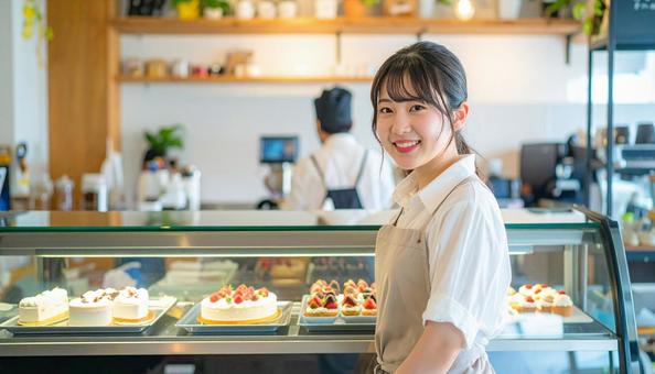ケーキを陳列しているアルバイトをする女性 ケーキを陳列しているアルバイトをする女性の写真