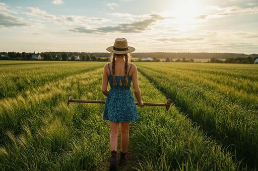 夕暮れの畑を歩く少女と農具の写真