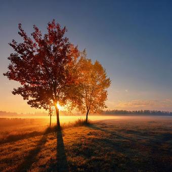 草原を照らす壮大な日の出の写真