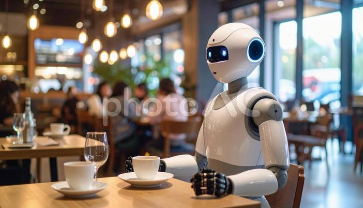 なぜか食事の席に同席している白いロボ ロボット,人型,レストランの写真素材